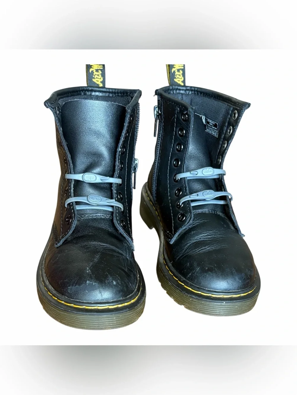 Dr Martens Kids 1460 Black Leather Combat Boots Size 12 Side Zip+Elastic Laces